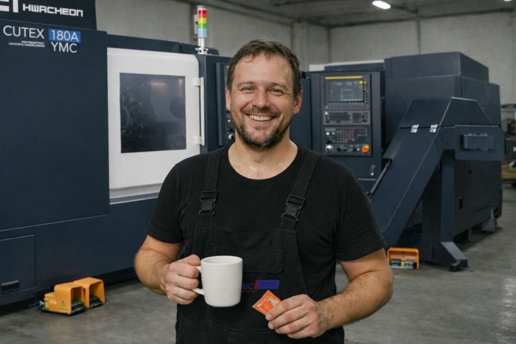 Operátor CNC stroje v dílně s kávou během pracovní pauzy.