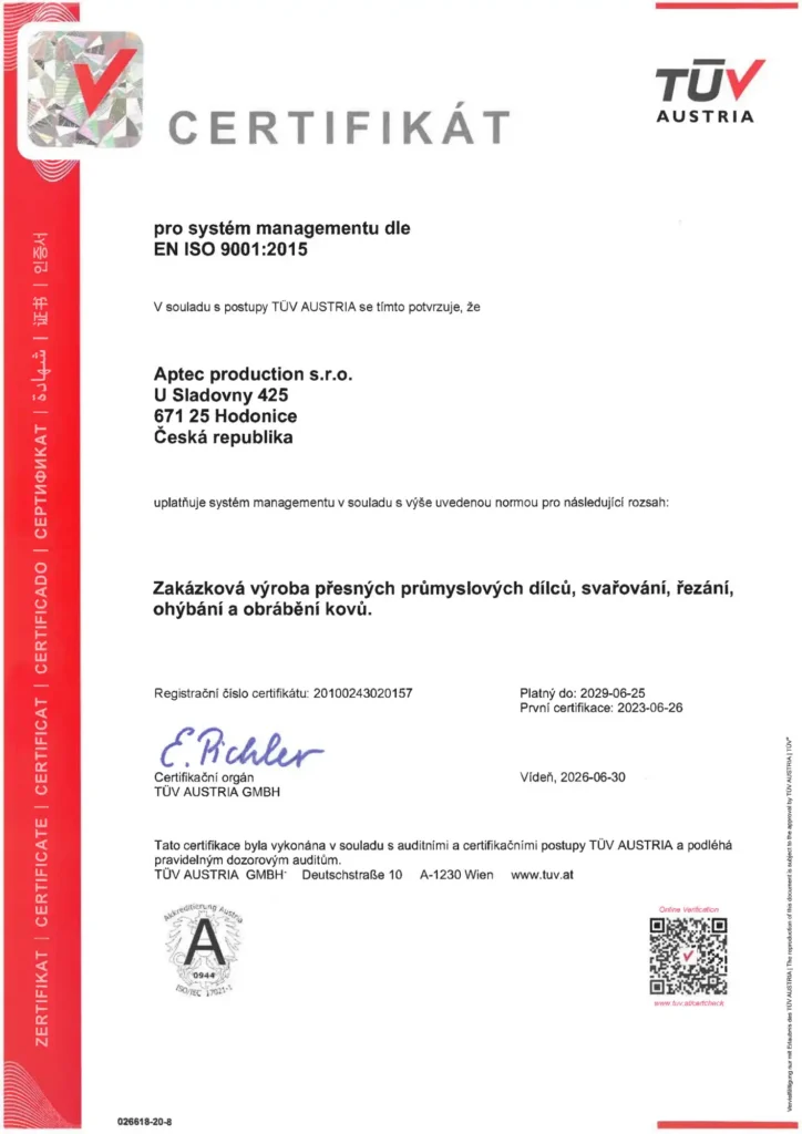 Certifikát ISO 9001:2015 pro Aptec production vydaný TÜV AUSTRIA